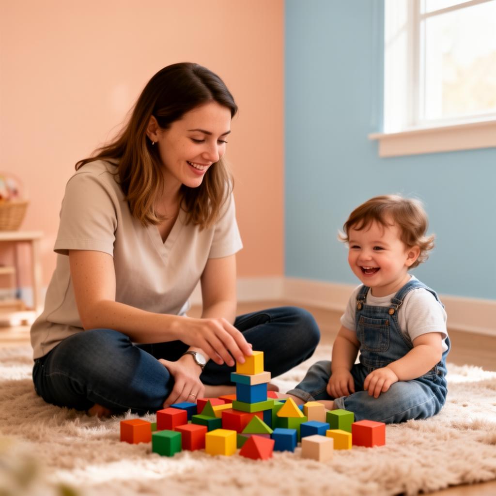 A BCBA and a smiling toddler building with colorful blocks on a soft rug — the kind of moment our billing work protects.